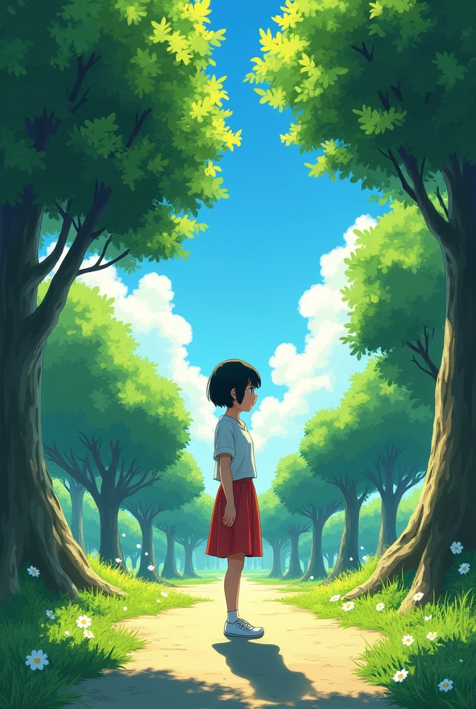A poster for the Chinese movie "Farewell Poem" shows an Asian girl standing in front of her school, with short hair and white shoes on. The background is green trees and blue sky, while sunlight shines through leaves onto the ground. The style is reminiscent of in the style of an impressionist painter