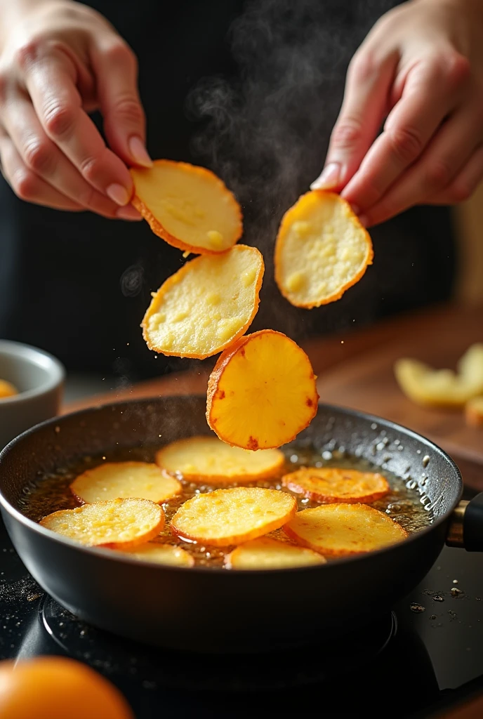 Frying potato stripe slices in batches in the hot oil. Fry in batches until golden brown and crispy.