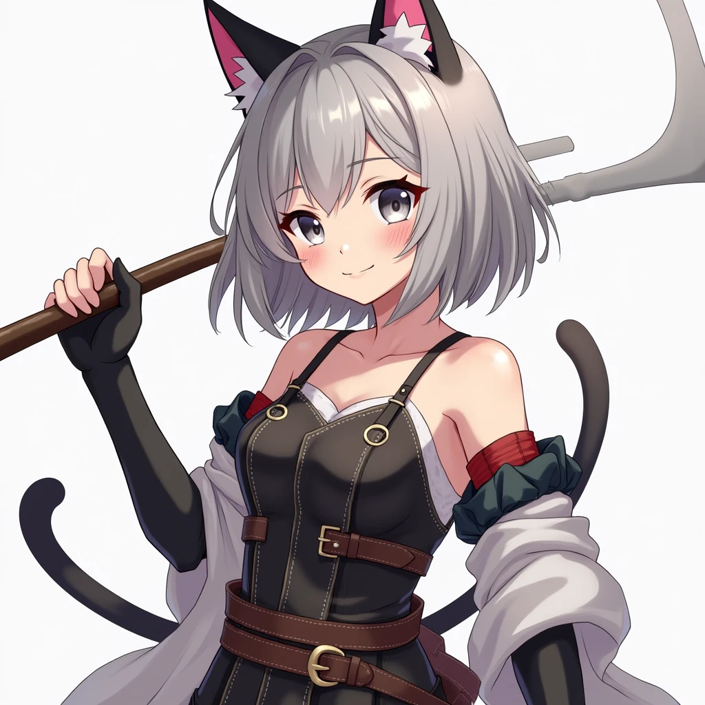Anime style, masterpiece, greatest anatomy, detailed anatomy, 16YOgirl, 1girl, catgirl, bob style hair, gray color hair, gray eyes, Black cat ears with pink inside, detailed cat tail, round breast, sexy, light smile, blushed, look at viewers, collarbone, anime, medium Breasts, Anime style, masterpiece, greatest anatomy, detailed anatomy, 16YOgirl, 1girl, catgirl, bob style hair, gray color hair, gray eyes, Black cat ears with pink inside, detailed cat tail, round breast, detailed cat ear, ring motif cat tail, wearing Medieval Viking Warrior Gladiator Chest Body Armor Leather Breastplate Cuirass Festival Vest Outfit, hold a Honshu karito Battle Axe, one cat tail