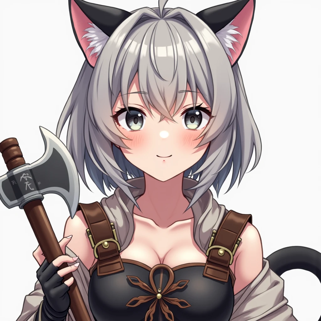 Anime style, masterpiece, greatest anatomy, detailed anatomy, 16YOgirl, 1girl, catgirl, bob style hair, gray color hair, gray eyes, Black cat ears with pink inside, detailed cat tail, round breast, sexy, light smile, blushed, look at viewers, collarbone, anime, medium Breasts,tits, hanging breast, Anime style, masterpiece, greatest anatomy, detailed anatomy, 16YOgirl, 1girl, catgirl, bob style hair, gray color hair, gray eyes, Black cat ears with pink inside, detailed cat tail, round breast, detailed cat ear, ring motif cat tail, leather chest plate, holding honshu karito battle axe with Sheath UC3401