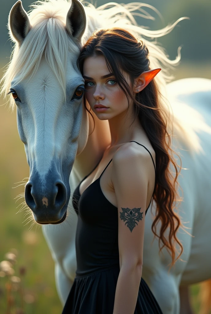 Brunette girl with blue eyes, a tattoo on her arm, with elf ears, in a black dress, next to a white free horse