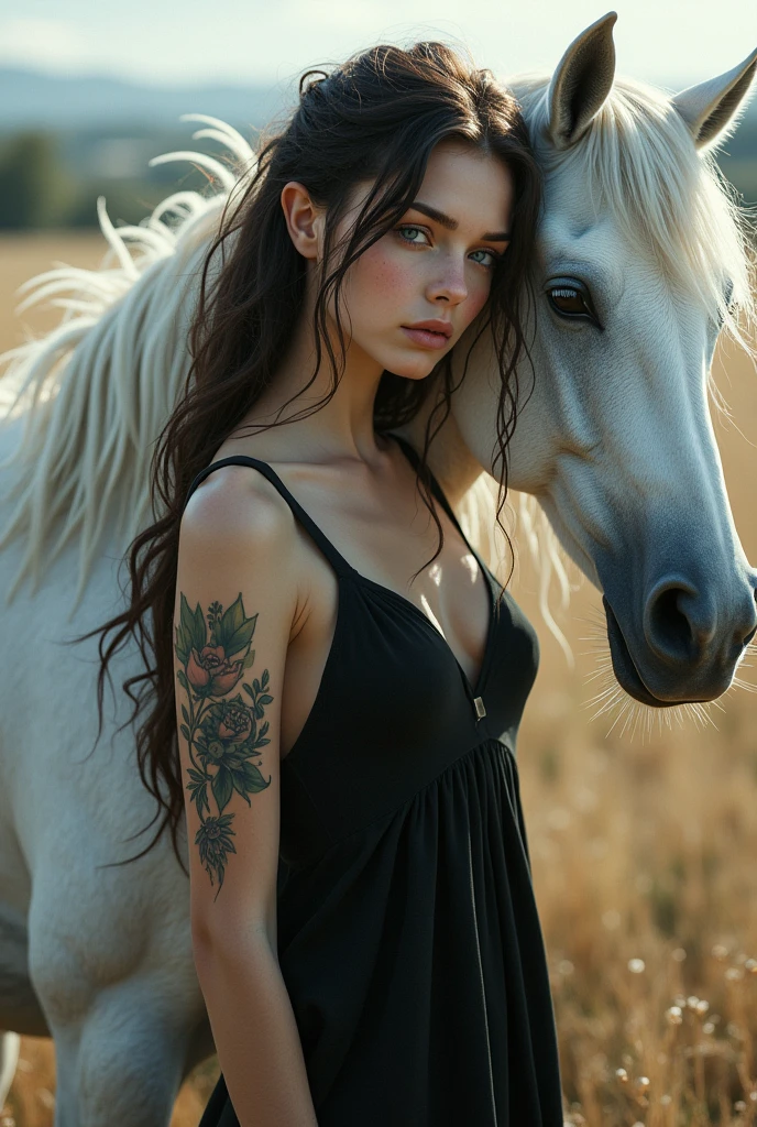 Brunette girl with blue eyes, a tattoo on her arm, with elf ears, in a black dress, next to a white free horse