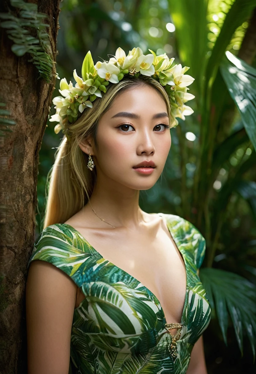 A majestic Tropical Jungle Queen, an 1 Japanese girl, standing tall at 180 cm and weighing 45 kg, with a smooth, light complexion and straight, long blonde hair tied up in a high ponytail, sleek and glossy. She has a graceful, diamond-shaped face with high cheekbones, a small, delicate nose, and full, well-defined lips. Her large, expressive brown eyes are detailed with intricate irises and long, dark eyelashes. Her physique is athletic yet feminine, with medium-sized, round breasts. The image should be in ultra-high definition (4k, 8k) with soft, natural lighting that highlights her skin texture, the shine of her hair, and the fine details of her face.
She stands amidst dense, vibrant foliage in the heart of a lush rainforest. The environment is alive with the vibrant colors of the jungle—giant ferns, blooming orchids, and towering palm trees. Brightly colored birds, such as parrots and toucans, fly above, while small animals like monkeys and lizards peek through the foliage. The sunlight filters through the thick canopy above, casting dappled light on the scene, creating a mystical and enchanting atmosphere.
She wears a form-fitting dress made of woven green vines, adorned with small flowers and intricate tribal jewelry crafted from beads and shells. Her long, blonde hair cascades down her back in waves, and she holds a delicate flower crown in her hand. Her posture is graceful and serene, as she leans slightly against a tree trunk. The photo is captured using Kodak Ektachrome 100, a classic slide film known for its vivid color saturation and fine grain, ensuring maximum realism and depth in the image.