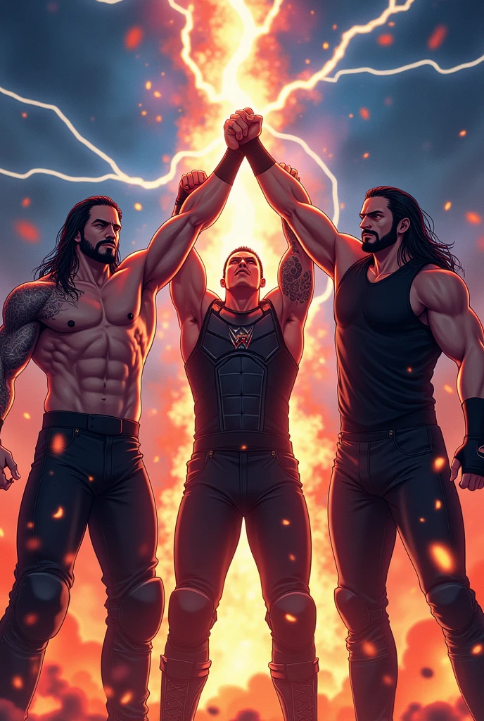 Image: Seth Rollins, Roman Reigns, and Dean Ambrose putting their fists together in the center
Descriptive keywords: Power and friendship
Photographic style: Anime
Tone: Epic
Object: Lightning and fire
Action: The lightning strikes and the fire burns around the trio as they unite, symbolizing their collective strength and unbreakable bond that ignites a powerful force within them.
