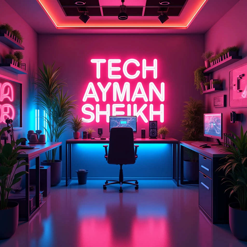 create an image of a youtuber's studio room with a subtle neon glow. Make a statement with bold "Tech Ayman sheikh " lettering, make sure the text is not misspelled
