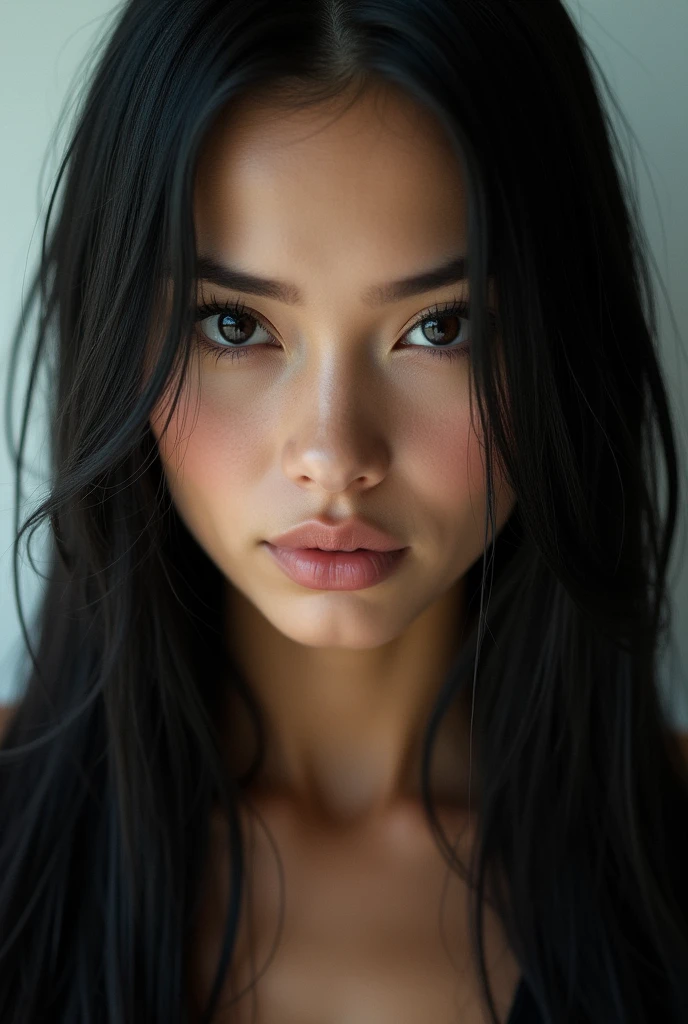 (best quality:1.4),(masterpiece:1.4),(photorealistic:1.4),(ultra high res, raw photo:1.4),(hdr, hyperdetailed:1.2),close up, 1woman,(black long straight hair:1.4), close up, (feline eyes), (fierce beauty), (long eyelashes) cuerpo completo 