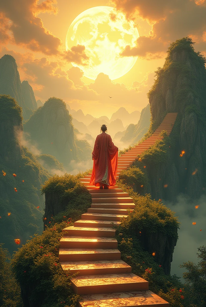 he ground is a staircase made of books, with an ancient Chinese figure walking on it. fantasy scene, It has exquisite details, colorful light effects, a strong sense of perspective, golden curves, fantasy colors, golden texture, and gorgeous patterns, High-definition poster design rendered with Unreal Engine in the style of a movie-level poster.Bird's eye view, aerial photography, miniature landscape, panoramic photography,with an overall composition of golden streamers and flying particles in the style of C4D software.