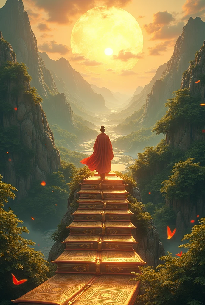 he ground is a staircase made of books, with an ancient Chinese figure walking on it. fantasy scene, It has exquisite details, colorful light effects, a strong sense of perspective, golden curves, fantasy colors, golden texture, and gorgeous patterns, High-definition poster design rendered with Unreal Engine in the style of a movie-level poster.Bird's eye view, aerial photography, miniature landscape, panoramic photography,with an overall composition of golden streamers and flying particles in the style of C4D software.