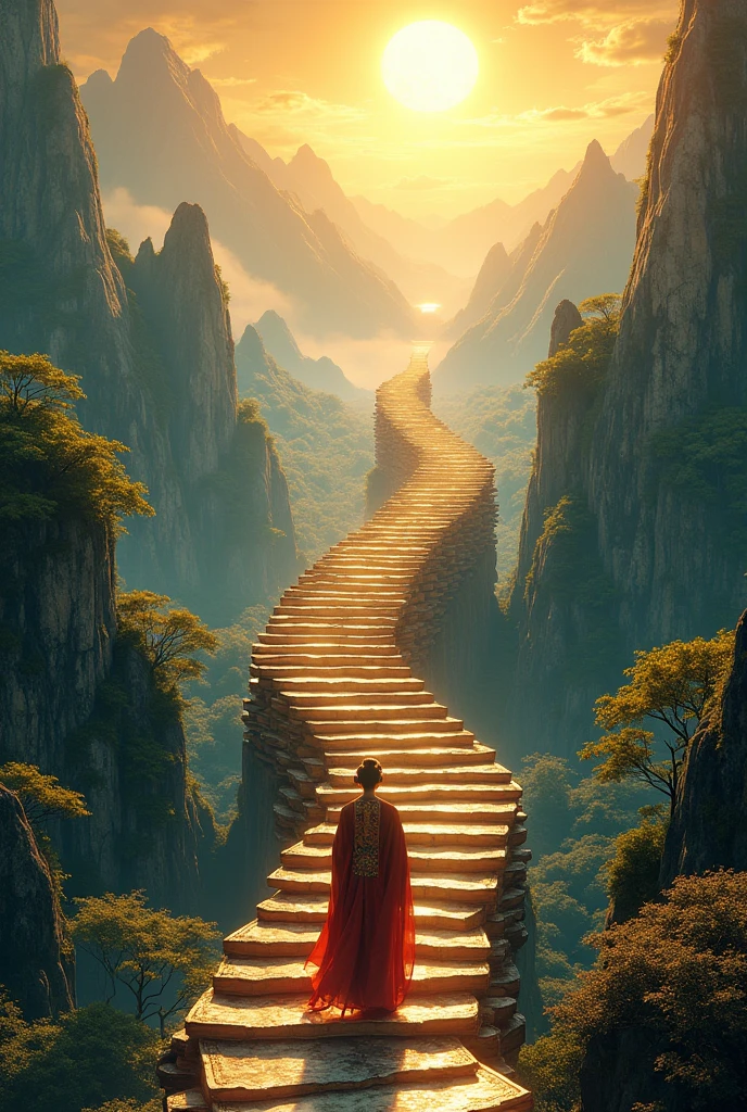 he ground is a staircase made of books, with an ancient Chinese figure walking on it. fantasy scene, It has exquisite details, colorful light effects, a strong sense of perspective, golden curves, fantasy colors, golden texture, and gorgeous patterns, High-definition poster design rendered with Unreal Engine in the style of a movie-level poster.Bird's eye view, aerial photography, miniature landscape, panoramic photography，with an overall composition of golden streamers and flying particles in the style of C4D software.