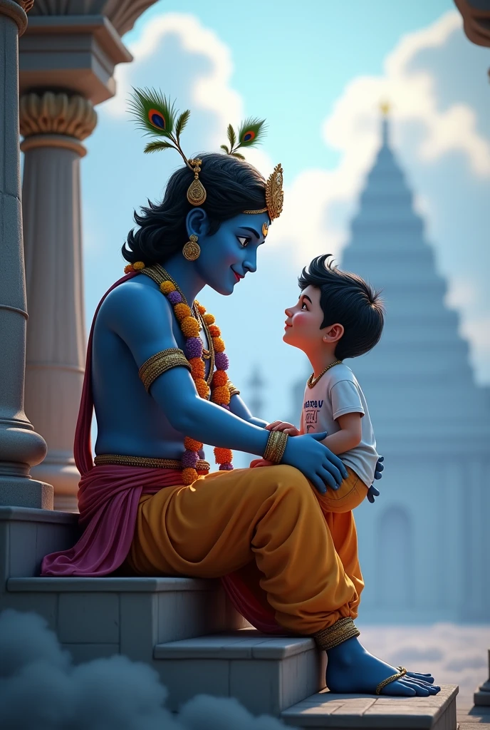 create a 3D realistic picture "A boy is sitting on Krishna's legs and Shree krishna is sitting on the stairs and blessing "GAURAV" is written on the boy's t-shirts which can I see the name and the boy is worshiping and in the background has a cloud nad temple "Happy Janmashtami 26:08:2024" is written in bold font clearly, make sure everything should be correct Krishna's colour so accractive ''gaurav''
