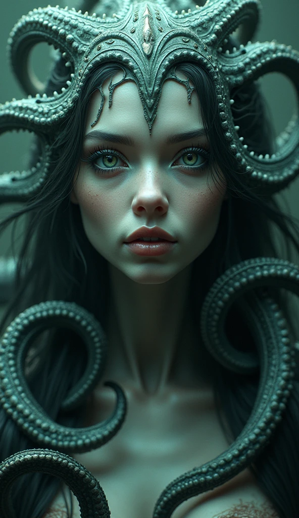 a female lovecraftian monstrous divine entity, beautiful detailed eyes, beautiful detailed lips, extremely detailed face and features, long flowing hair, intricate tentacles, glowing ethereal aura, ancient cosmic horror, dark fantasy, cinematic lighting, dramatic shadows, muted color palette, photorealistic, 8k, best quality, masterpiece
