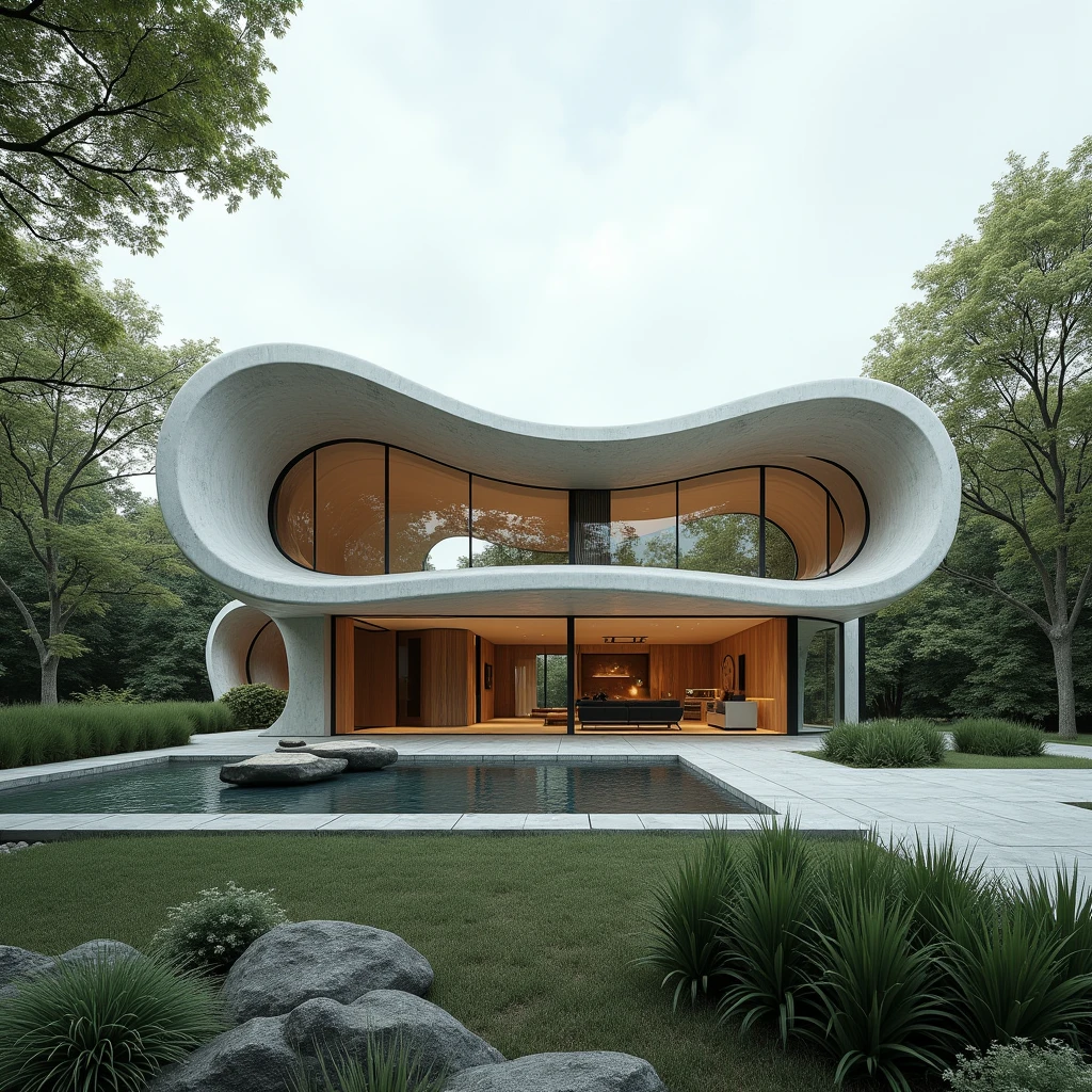 Create a hyper-realistic image of a house designed in a modern Art Nouveau style by Tadao Ando, emphasizing introspective architecture. The house should fully embody Tadao Ando's architectural aesthetics, incorporating his signature use of concrete, natural light, and minimalist design principles, with spaces that evoke contemplation and a deep connection to the environment. The structure should include flowing, organic lines and intricate detailing characteristic of Art Nouveau, all while maintaining a serene and reflective atmosphere. The house is located in a suburban area of Ontario, and the image should be captured from a two-point perspective, showcasing the house's elegant fusion of modernity, introspective design, and Art Nouveau within the tranquil suburban setting. The materials should prominently feature exposed concrete, glass, and wood, reflecting both Ando's style and the surrounding environment.