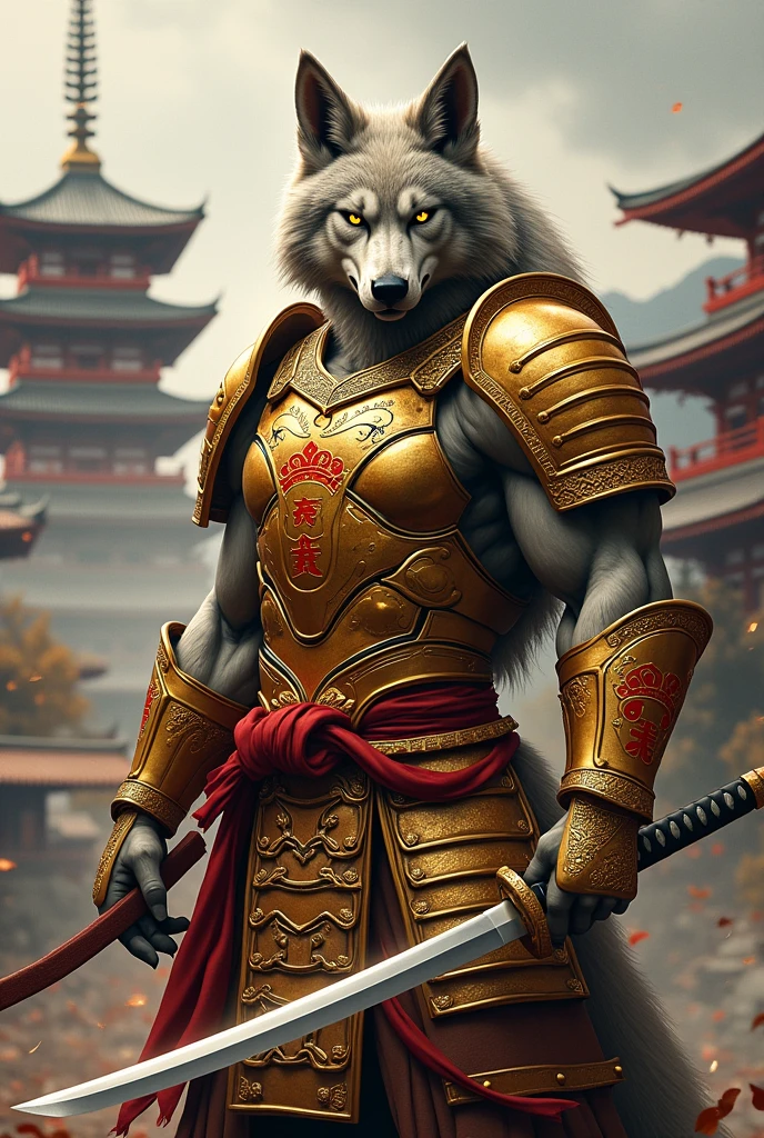 Muscular anthropomorphic wolf in golden samurai armor with red, with a katana with a pagoda in the background