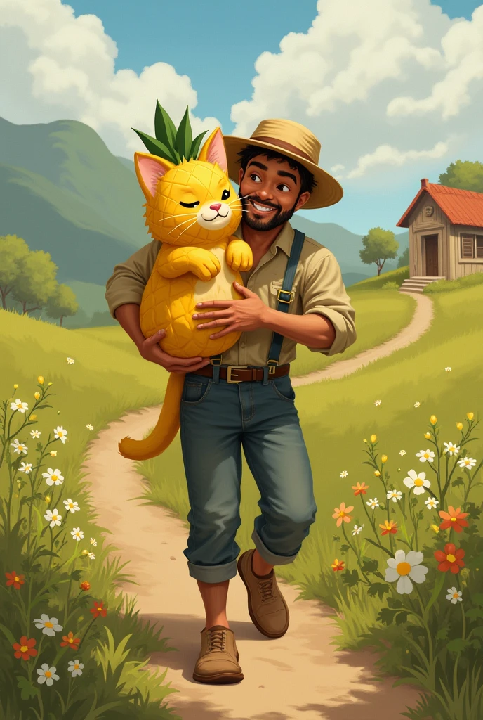 **Bringing Pineapplecat Home:** The farmer carefully carries Pineapplecat home, walking along a dirt path with a simple cottage in the background.