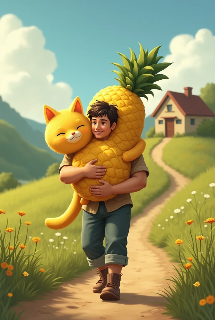 **Bringing Pineapplecat Home:** The farmer carefully carries Pineapplecat home, walking along a dirt path with a simple cottage in the background.
