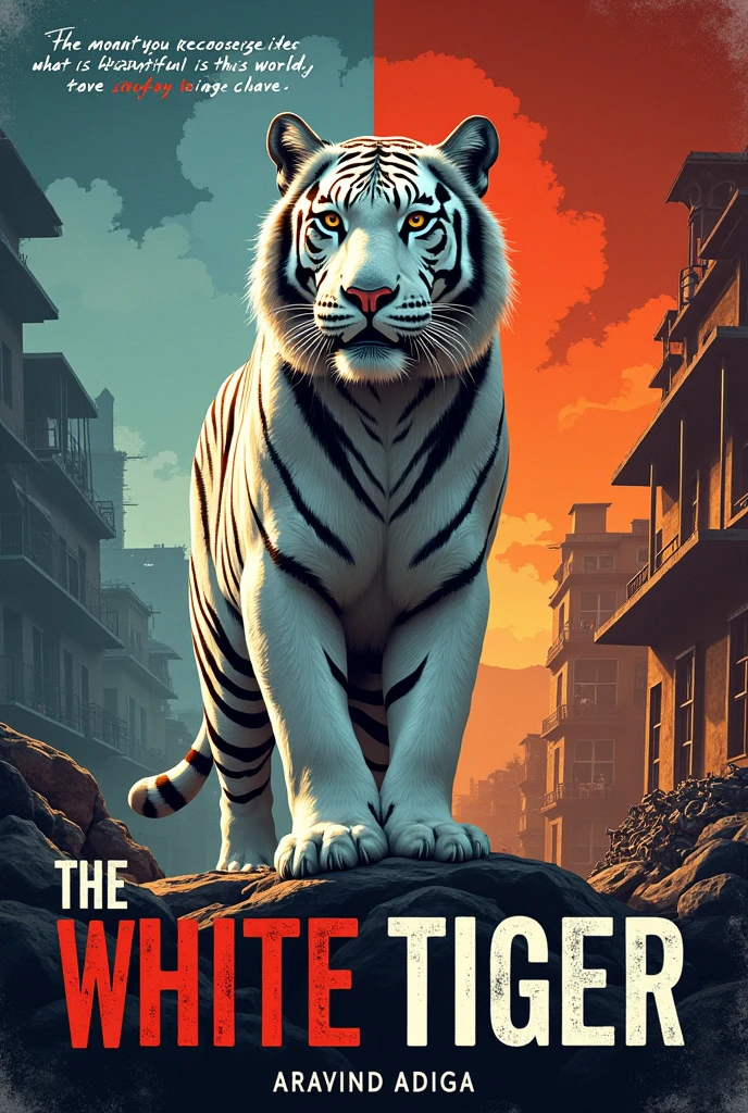 Poster Concept for “The White Tiger”

	1.	Title:
	•	“The White Tiger” at the top in bold, stylized font with a hint of the gritty tone of the book.
	2.	Background:
	•	A divided background with one half showing the dull,poverty,slums, chaotic streets of India (symbolizing the darkness and corruption), and the other half showing brightness and the luxuries like bungalows,sophistication,luxurious cars,buildings.
	3.	Central Image:
	•	A stylized white tiger in the center, fierce and majestic, symbolizing the protagonist’s struggle for freedom and identity.
	4.	Key Quotes:
	•	Include a powerful quote from the book, such as:
	•	“The moment you recognize what is beautiful in this world, you stop being a slave.”
	5.	Author’s Name:
	•	At the bottom or near the title, “By Aravind Adiga” in a smaller, elegant font.
	6.	Visuals:
	•	Consider adding elements like a broken cage or chains near the white tiger to signify the theme of breaking free from oppression.