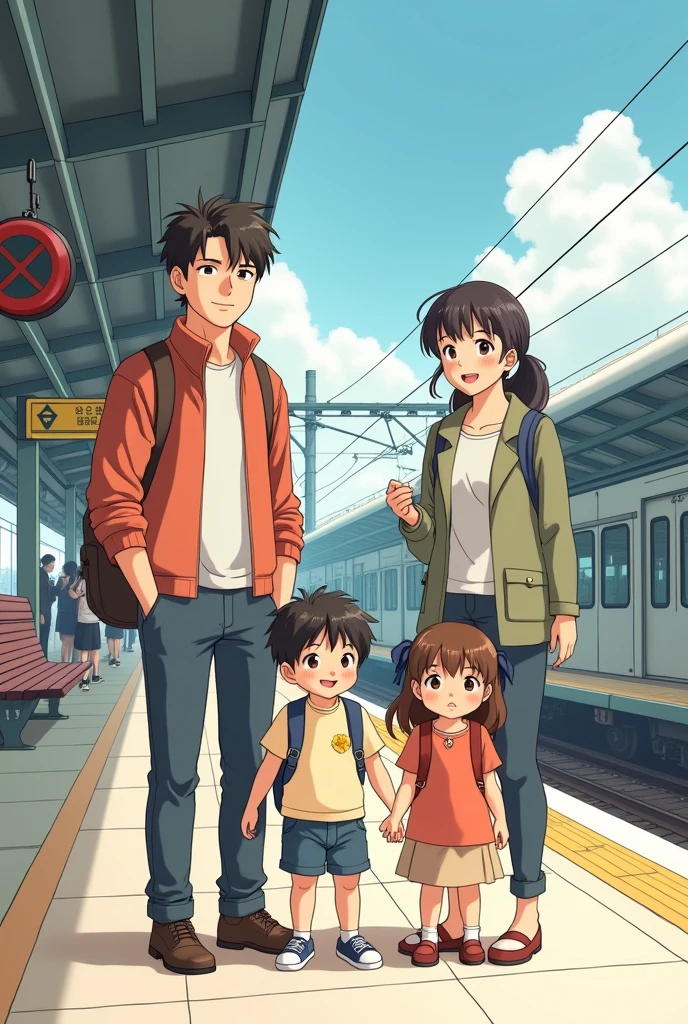 Make an sketch of family pencil drawing standing on station family of 4 in anime style with 2 child 