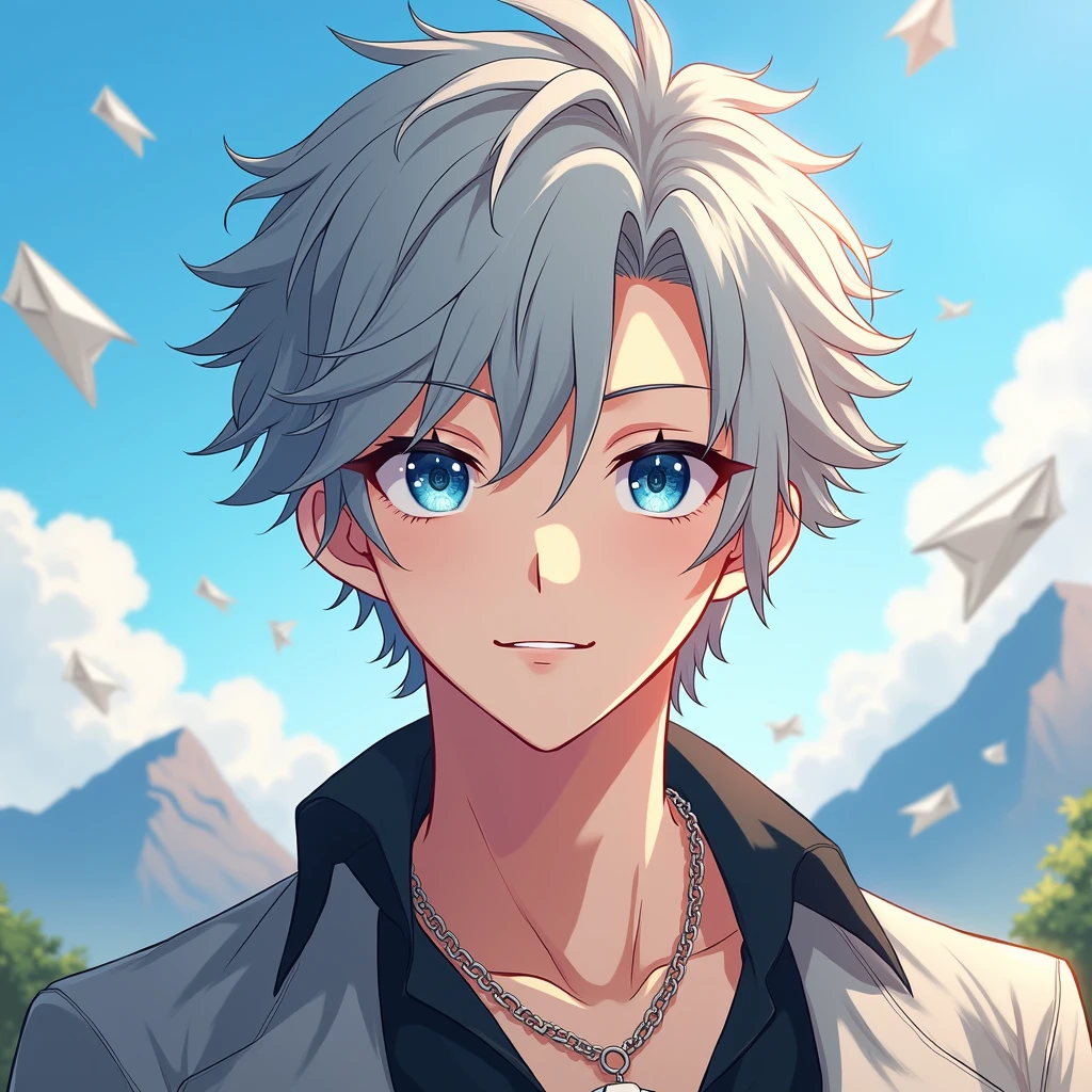This temperament male anime avatar,The protagonist is a cool boy,Also a male god。He has short, neat, slightly curly hair.,Hair color is fashionable silver gray,He's wearing a shirt and his eyes are bright,Eye color is deep blue,As if he could see into people's hearts,The look in his eyes reveals firmness and confidence。Long eyelashes droop gently,Adds a bit of tenderness and charm to these eyes。Thick and strong eyebrows,Together with his eyes, they make up his handsome face。
The face shape is clearly defined,Smooth lines,The chin is slightly raised,Demonstrating an unyielding。Straight nose,The nasal wings are moderate,Adds a bit of three-dimensionality to the whole face。The corners of the mouth slightly raised,Draw a charming smile,As if ready to share his joy and enthusiasm with the world。
Background,You can choose a simple and bright color as the background,Such as fresh blue or warm,To highlight the handsomeness and vitality of the protagonist。You can also add some elements that match the theme.,Like floating clouds、Flying paper airplanes or mountains in the distance,Add a lively and interesting touch to the entire avatar。