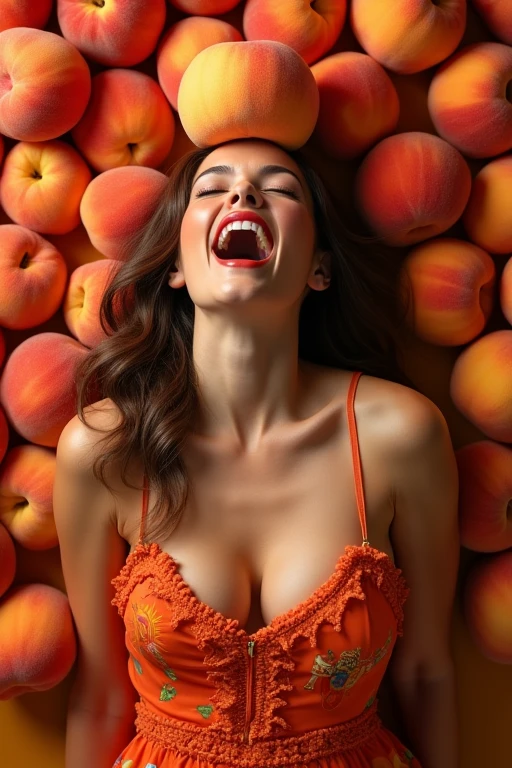 1 beautiful Spanish woman in her 30s。Facing forward、Mouth wide open。The expression is、Sexually lewd expression、Ecstatic expression、I feel a strong sense of ecstasy。The head is peeled、Wearing a large real peach。The chest is wide open。There are peaches all around。Covered in peaches。Fully clothed。Background、In the colors of the Spanish flag。9:In 16 sizes。Highest quality、A masterpiece please。