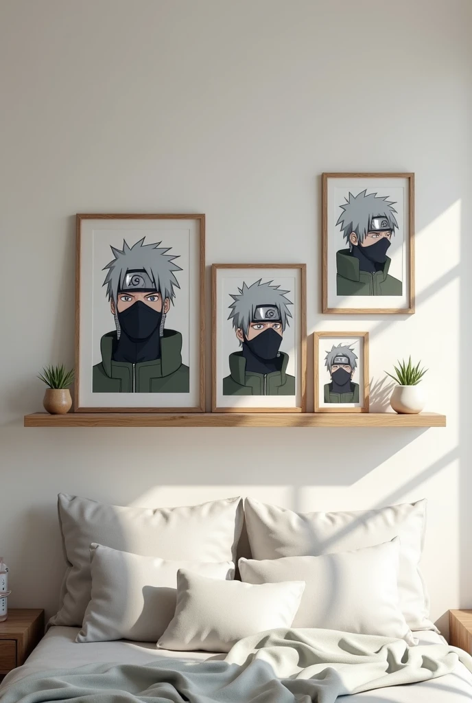 Bedroom wall without bed with shelf and Kakashi pictures