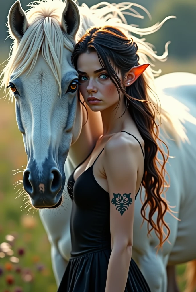 Brunette girl with blue eyes, a tattoo on her arm, with elf ears, in a black dress, next to a white free horse