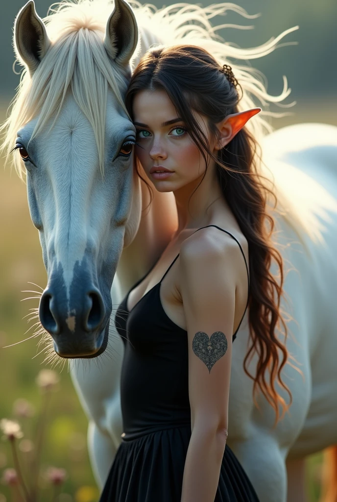 Brunette girl with blue eyes, a tattoo on her arm, with elf ears, in a black dress, next to a white free horse