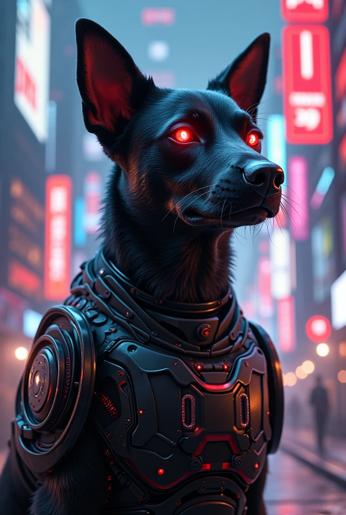 a black dog with red eyes like an robot with man in the cyburfunk neon city 
