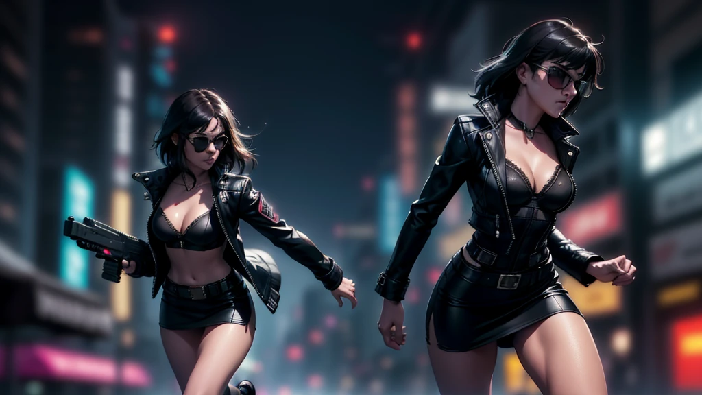 cyberpunk-style city with a nocturnal vibe with Blade Runner-like aesthetic references. At night, (1girl, solo, alone), medium-breast slim:0.6 body, oval:0.5 face, cleavage:1.1, sexy black laced bra, miniskirt, white laced panty, coat, (black micro sunglasses), (holding a short gun), (slightly leaning forward running pose), ((half-body thigh level medium shot)), cinematic lighting, ray tracing, motion blurred background.