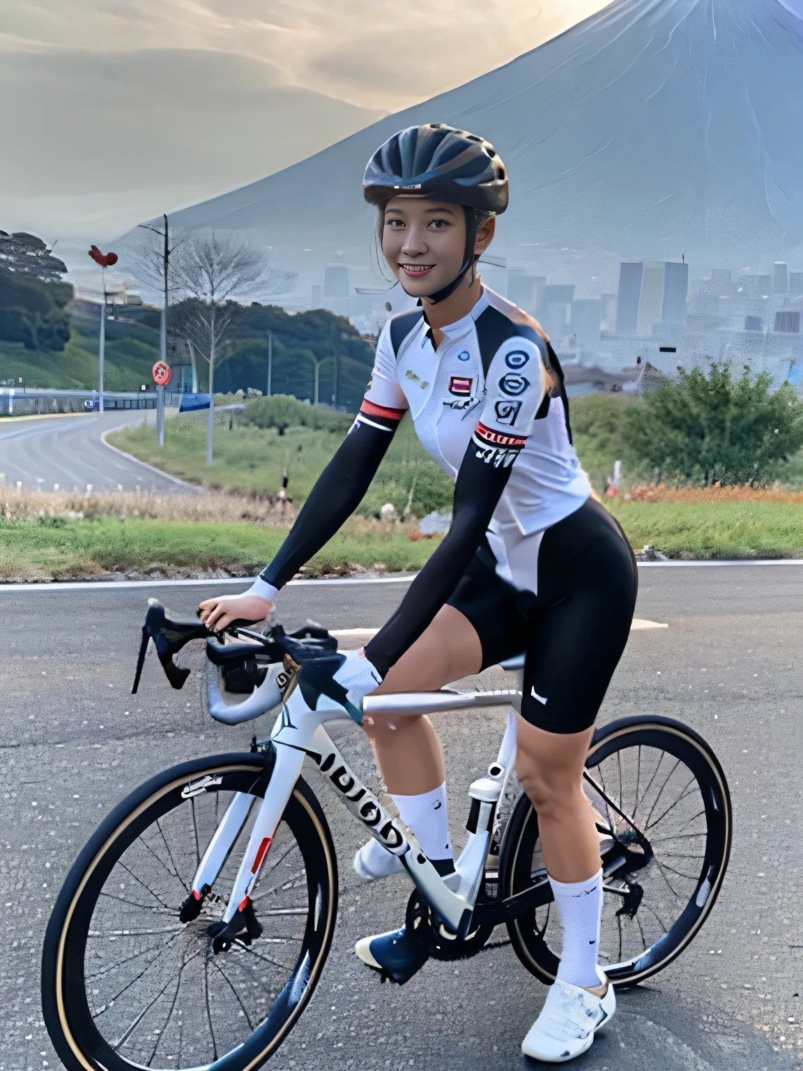 20 year old Japanese beauty，One woman、Muscular body like a bodybuilder、Emphasize the breasts、Slit eyes、Full body image up to the tip of the foot，Bust is very very large、Mount Fuji in the background、High quality photos、Clear, crisp images of the lower body、Masterpiece 8k、Smiling、From the front, from the side, from the back, etc.々from what camera angle to shoot、Highly lustrous satin outfit、Full-body clothing、Wearing a road bike racing suit、Riding a road bike