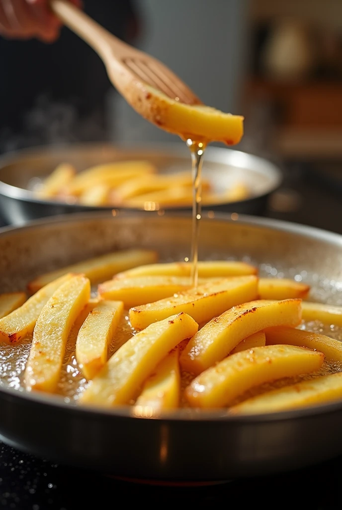 Frying potato stripe shape slices in batches in the hot oil. Fry in batches until golden brown and crispy.