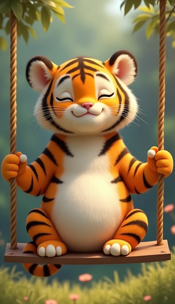 A cute little tiger,Real animals,Close your eyes lazily, Cute and cuddly,Fluffy, Real little tiger,Sitting upright on a swing,Two claws grab the rope of the swing,Furry and cute big belly,The pattern on the belly is the same as the body,My belly is very big.,The pattern on the belly is the same as the body,