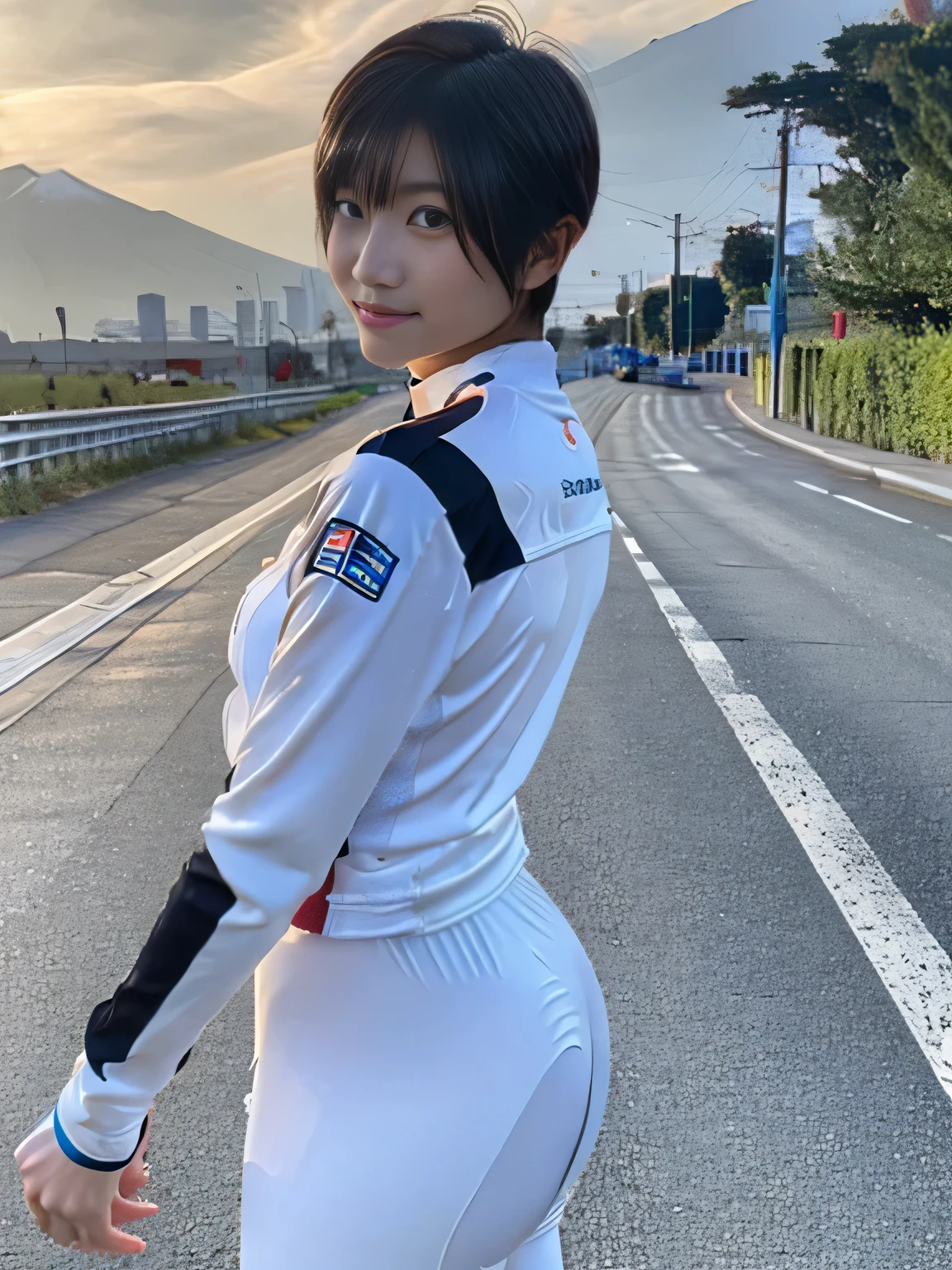 20 year old Japanese beauty,One woman、Muscular body like a bodybuilder、Emphasize the breasts、Slit eyes、Full body image up to the tip of the foot,Bust is very very large、Mount Fuji in the background、High quality photos、Clear, crisp images of the lower body、Masterpiece 8k、Smiling、From the front, from the side, from the back, etc.々from what camera angle to shoot、Highly lustrous satin outfit、Full-body clothing、Wearing a road bike racing suit、Riding a road bike