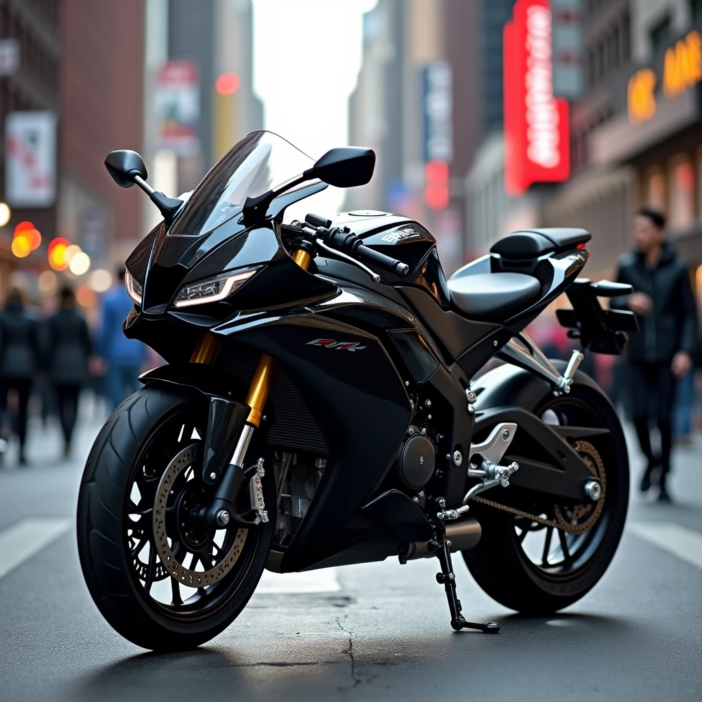 R15 r7 black bike in single stand in newyork city people walking