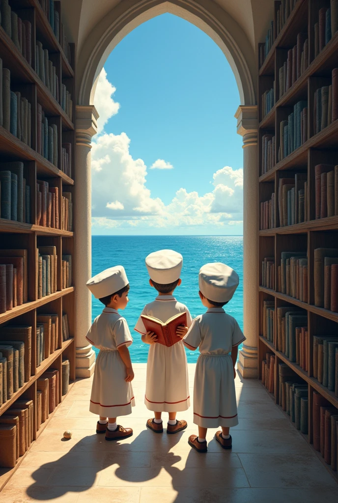 A scientific library full of books on the banks of the sea. Three children boys from a religious school with beautiful, white hats on their heads see a book in three volumes and take it.