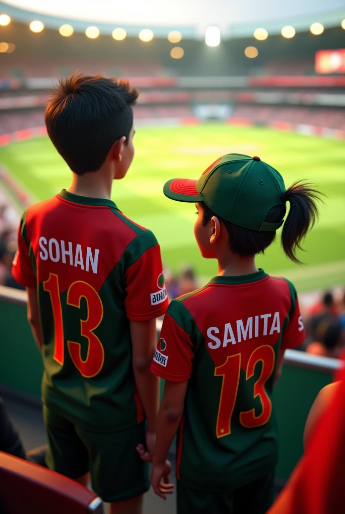 The boy SOHAN and the girl SAMITA are seeing Bangladesh cricket.they wearing Bangladesh cricket team jersy. there name showing there jersy back side