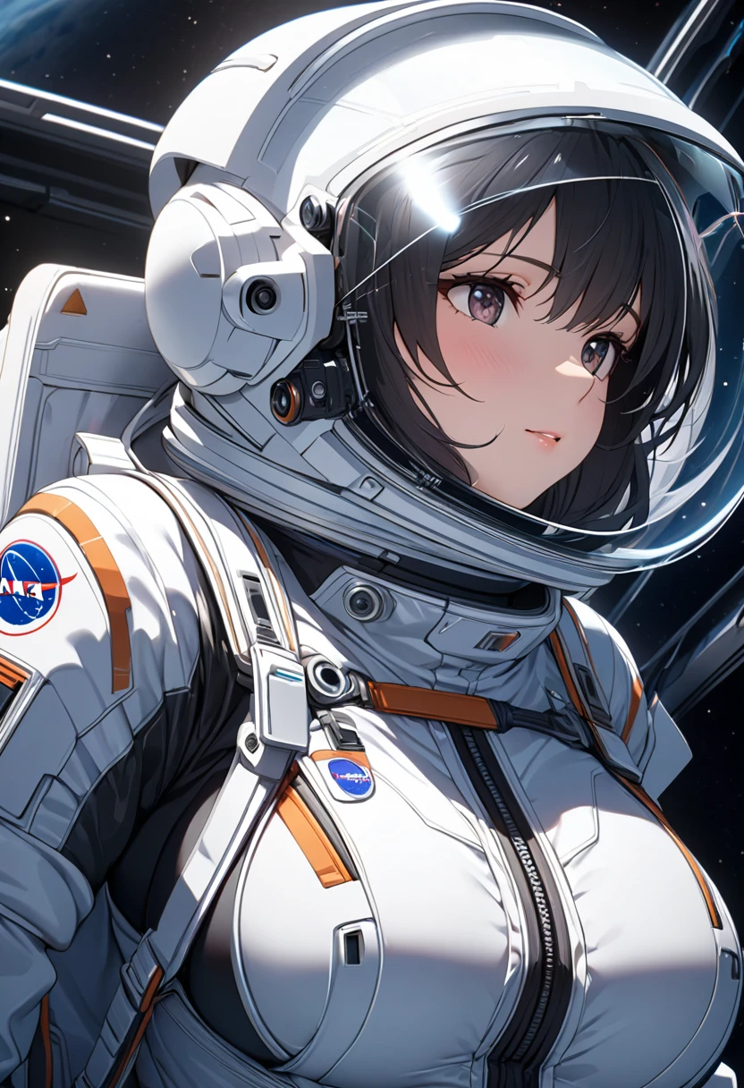 a highly detailed anime waifu astronaut in a futuristic space suit, wearing a sleek space helmet, with intricate and complex details, in a photorealistic style, 8k resolution, close-up view, big breasts, 
