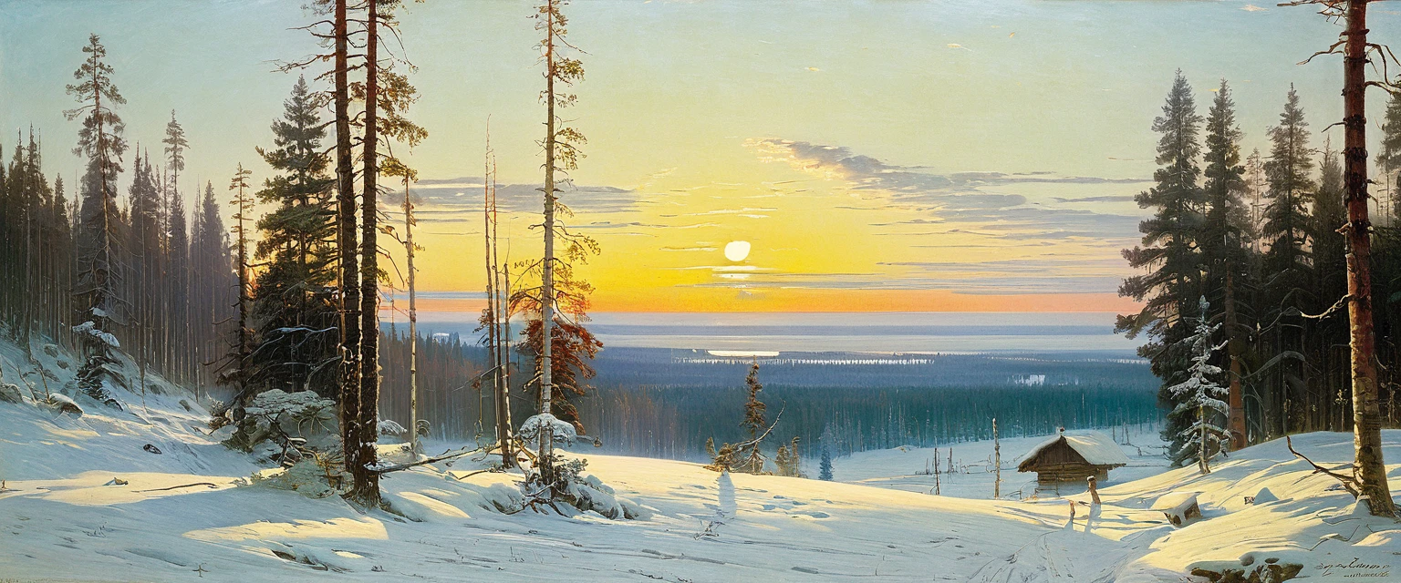 "Morning in the pine forest" oil painting by Ivan Shishkin and Alexei Savrasov, red trunks of pines, white trunks of birch, in the light of the morning northern Sun, a lot of snow on the branches, more snow, in the distance the silhouette of a house with a chimney with blue smoke, frost, Russian academic painting