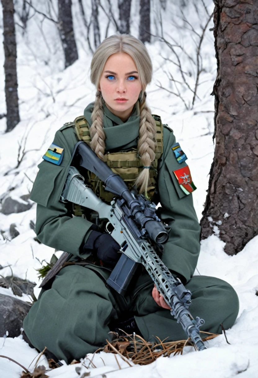 The girl is a Russian sniper in a military uniform, she has blue eyes and straight straw-colored hair, she has a weapon behind her, she is sitting in the forest by a tree on a stone, behind her are high snow-capped mountains, and it is snowing heavily