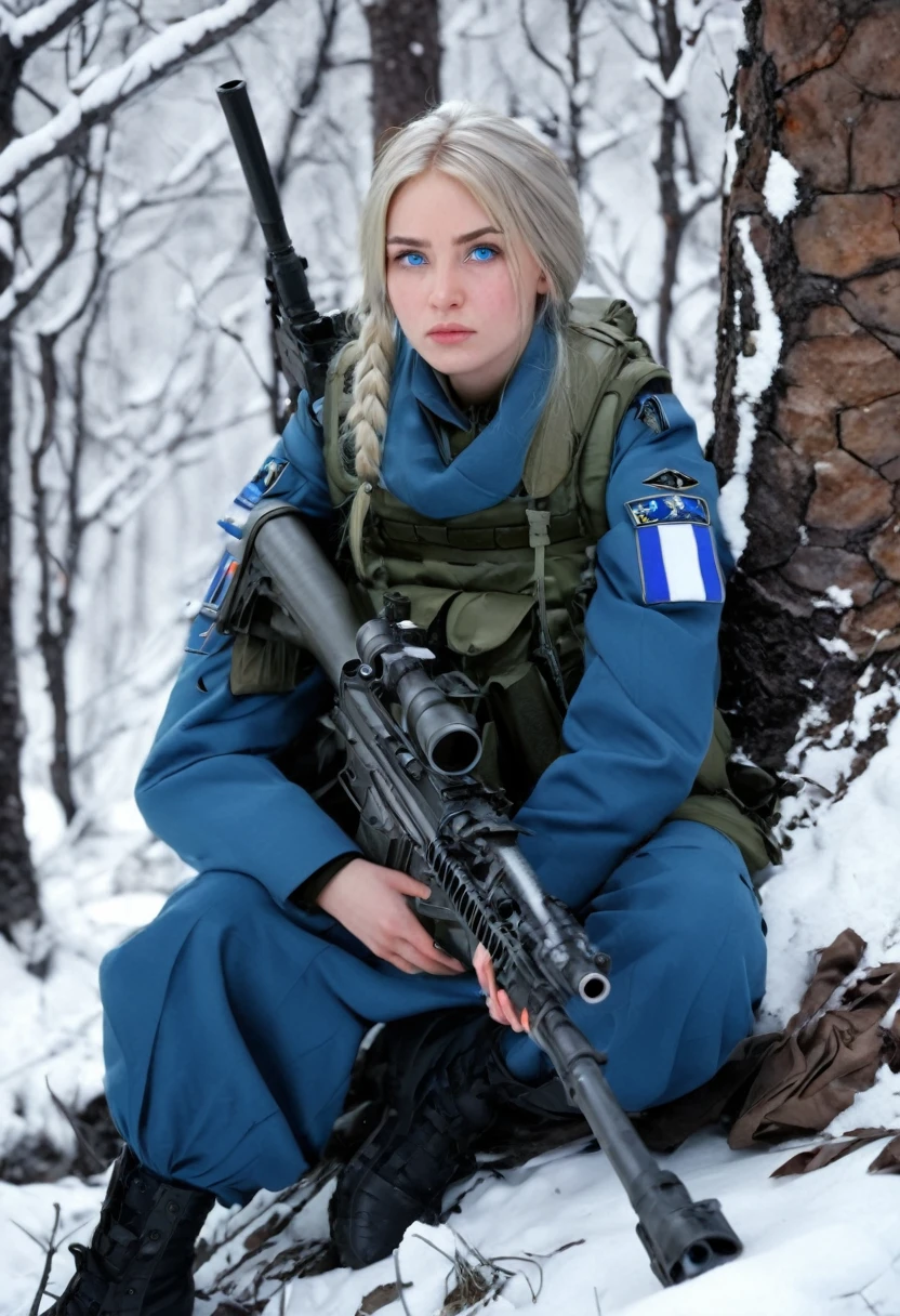 The girl is a Russian sniper in a military uniform, she has blue eyes and straight straw-colored hair, she has a weapon behind her, she is sitting in the forest by a tree on a stone, behind her are high snow-capped mountains, and it is snowing heavily