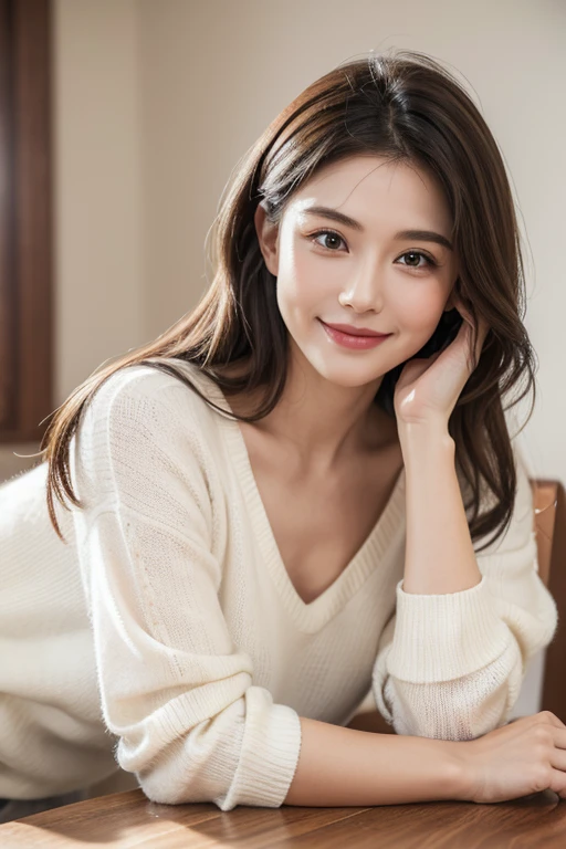 ((best quality, 8k, On the table :1.3)),masterpiece、Urzan 6500、very sharp photo、 Bright lights、sharp focus :1.2, beautiful adult、 5, Mature woman,slim figure、、（casual hairstyle）、 ((Skinny V-neck sweater)), （ You can see her through her clothes:1.3）、Very small panties、roll up your sleeves、((Leaning forward)), (Huge breasts:1.0), (Smile:1.15), Highly detailed face and skin textures, fine grain, (round face:1.4), living room 1.5、Full body shot from a distance 1.0、Close-up of upper body、highlight your breasts、Facing forward、sit on the chair、