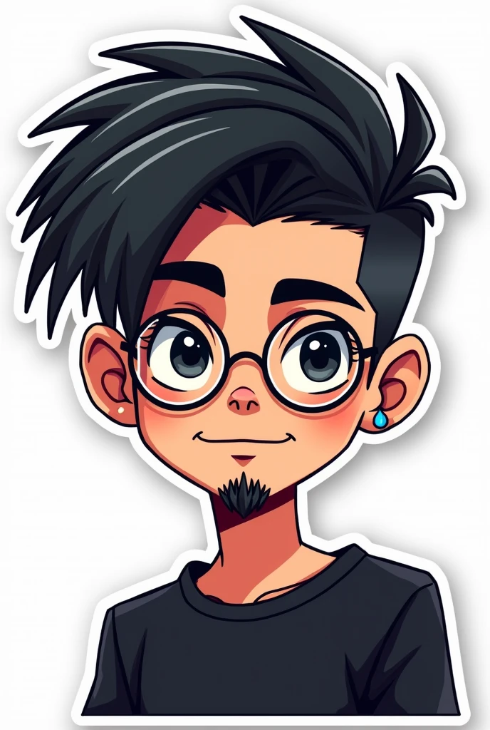 I want to create a series of stickers for WhatsApp and Telegram where the character is young, has a light skin tone, very dark black eyes with short hair, with a modern mullet cut, very dark black hair and very dark thin beard. He is wearing round glasses and a black t-shirt., and has a small earring visible in the left ear. His overall style is darker, fun and expressive, with bold contours and a clean, modern aesthetic.