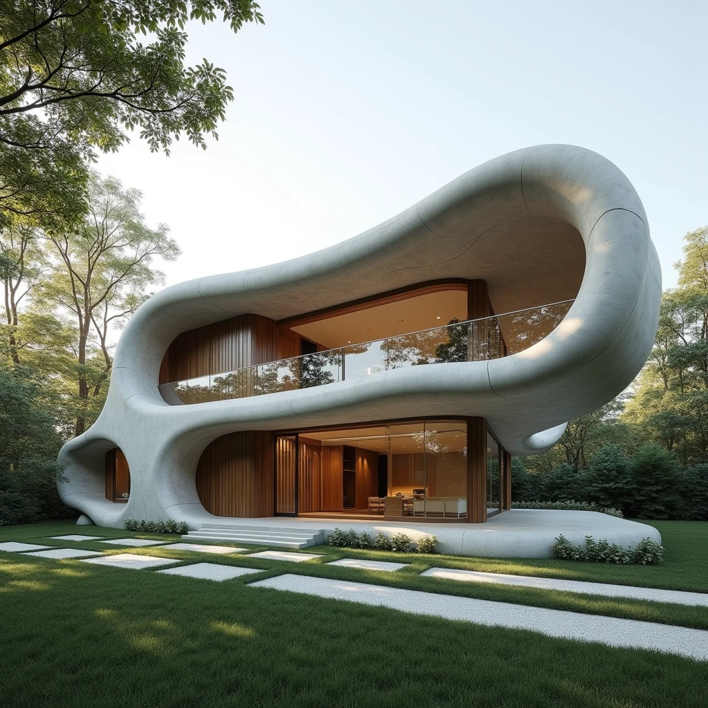 Create a hyper-realistic image of a house designed in a modern Art Nouveau style by Tadao Ando, emphasizing introspective architecture. The house should fully embody Tadao Ando's architectural aesthetics, incorporating his signature use of concrete, natural light, and minimalist design principles, with spaces that evoke contemplation and a deep connection to the environment. The structure should include flowing, organic lines and intricate detailing characteristic of Art Nouveau, all while maintaining a serene and reflective atmosphere. The house is located in a suburban area of Ontario, and the image should be captured from a two-point perspective, showcasing the house's elegant fusion of modernity, introspective design, and Art Nouveau within the tranquil suburban setting. The materials should prominently feature exposed concrete, glass, and wood, reflecting both Ando's style and the surrounding environment.