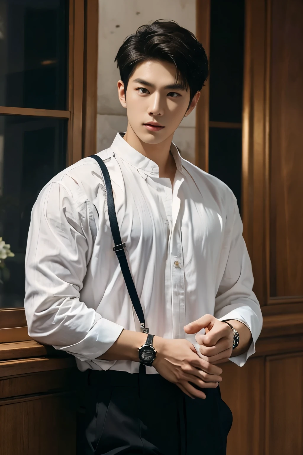 masterpiece, Best quality, realistic, a handsome Thai-Korean guy dressed in a casual yet stylish outfit, wearing a prominently visible wristwatch. The outfit should be modern and elegant, with meticulous attention to detail in both the clothing and accessories. The wristwatch adds a touch of sophistication to his overall look