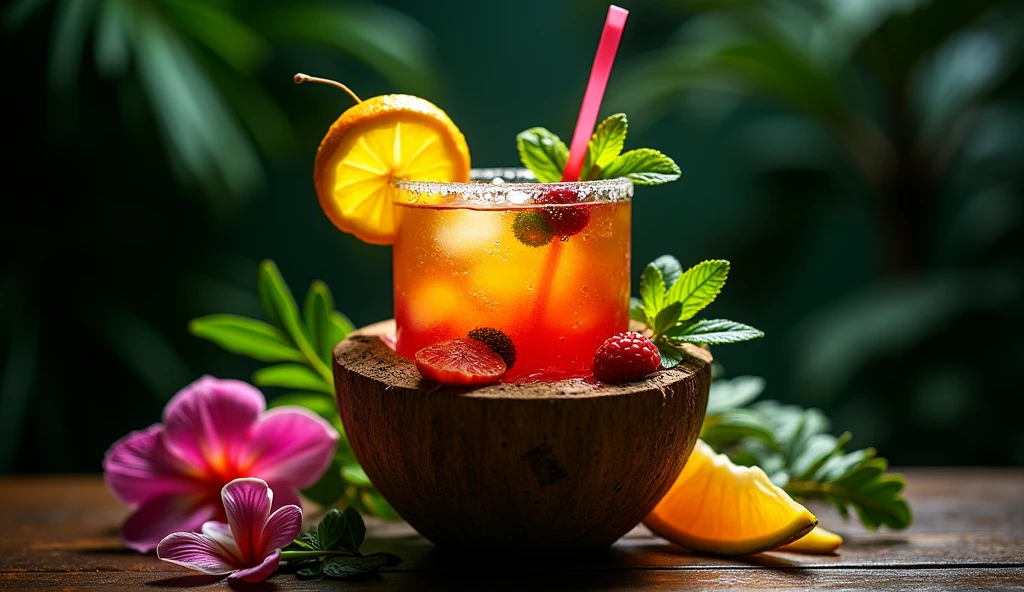 full shot photography upper angle shot with a strong accent to exotic stunning cocktail in coconut shell with many colors and fruits on the black background tropical aesthetics food book photography 35 mm movie frame epic scene cinematic 3d, strong 8k uhd quality