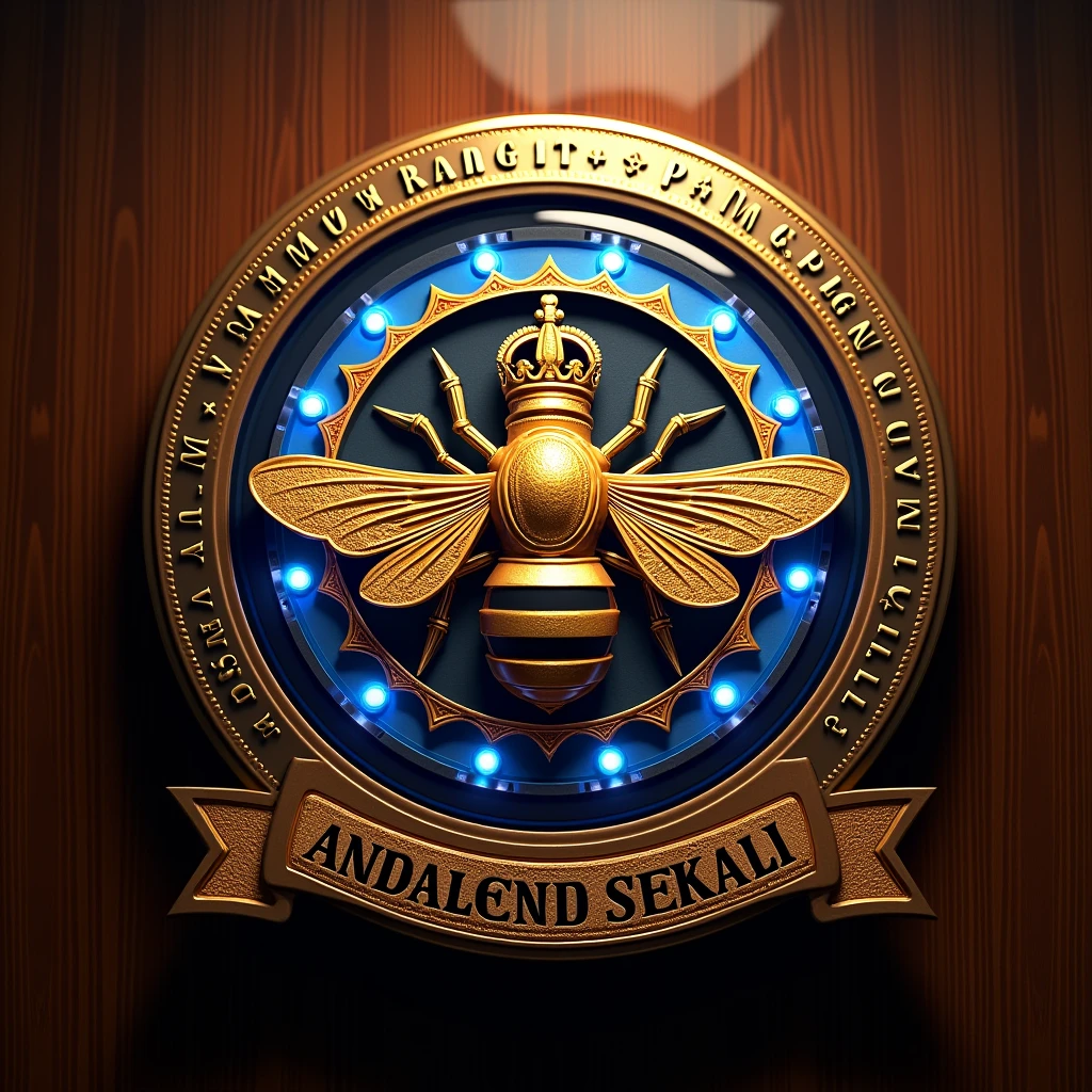 Realistic 3D logo made of glossy glass. In the middle is a majestic queen bee logo with radiant golden batik pattern around, like a royal symbol. with blue neon lights on the edges. The logo should be 3D and very glossy. The background is rosewood grain, so that it highlights the details and luxury of the logo. On the ribbon below the logo is the text "NAMANYA SANGAT PANJANG SEKALI" in bold and spelled correctly. Very detailed, renderMan. The logo should be perpendicular to the viewer.