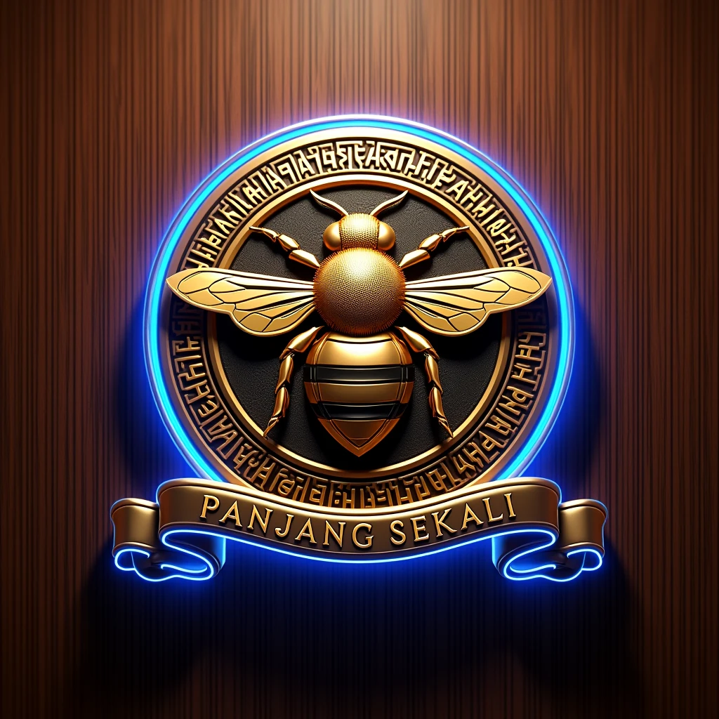 Realistic 3D logo made of glossy glass. In the middle is a majestic queen bee logo with radiant golden batik pattern around, like a royal symbol. with blue neon lights on the edges. The logo should be 3D and very glossy. The background is rosewood grain, so that it highlights the details and luxury of the logo. On the ribbon below the logo is the text "NAMANYA SANGAT PANJANG SEKALI" in bold and spelled correctly. Very detailed, renderMan. The logo should be perpendicular to the viewer.