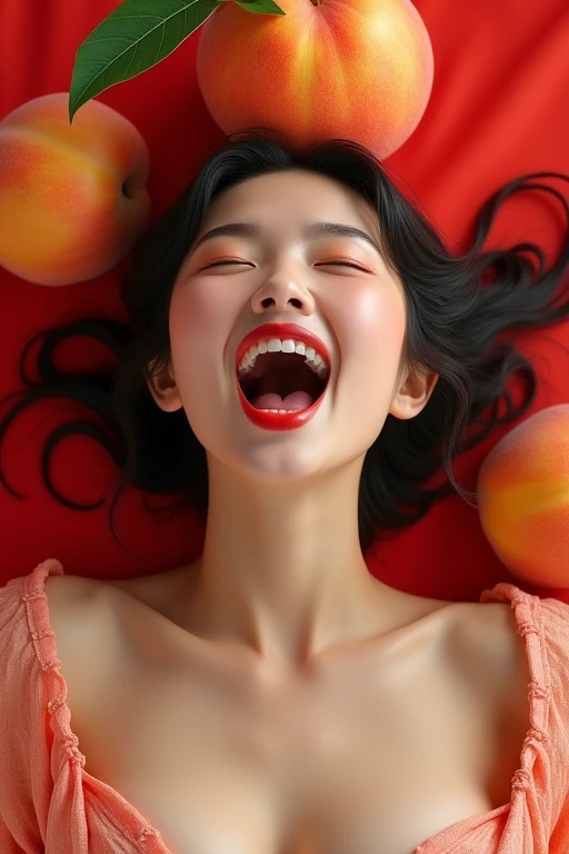 1 beautiful Chinese woman in her 30s。Facing forward、Mouth wide open。The expression is、Sexually lewd expression、Ecstatic expression、I feel a strong sense of ecstasy。The head is peeled、Wearing a large real peach。The chest is wide open。There are peaches all around。Covered in peaches。Fully clothed。Background、In the colors of the Chinese flag。9:In 16 sizes。Highest quality、A masterpiece please。