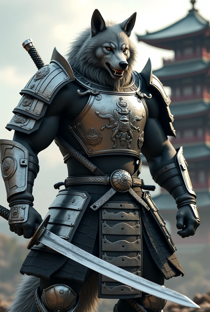 Muscular anthropomorphic wolf in silver and black samurai armor, with a katana with a pagoda in the background