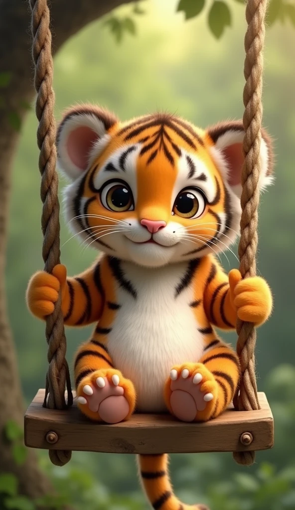A cute little tiger sitting upright on a swing,Two claws grab the rope of the swing,Furry and cute big belly,