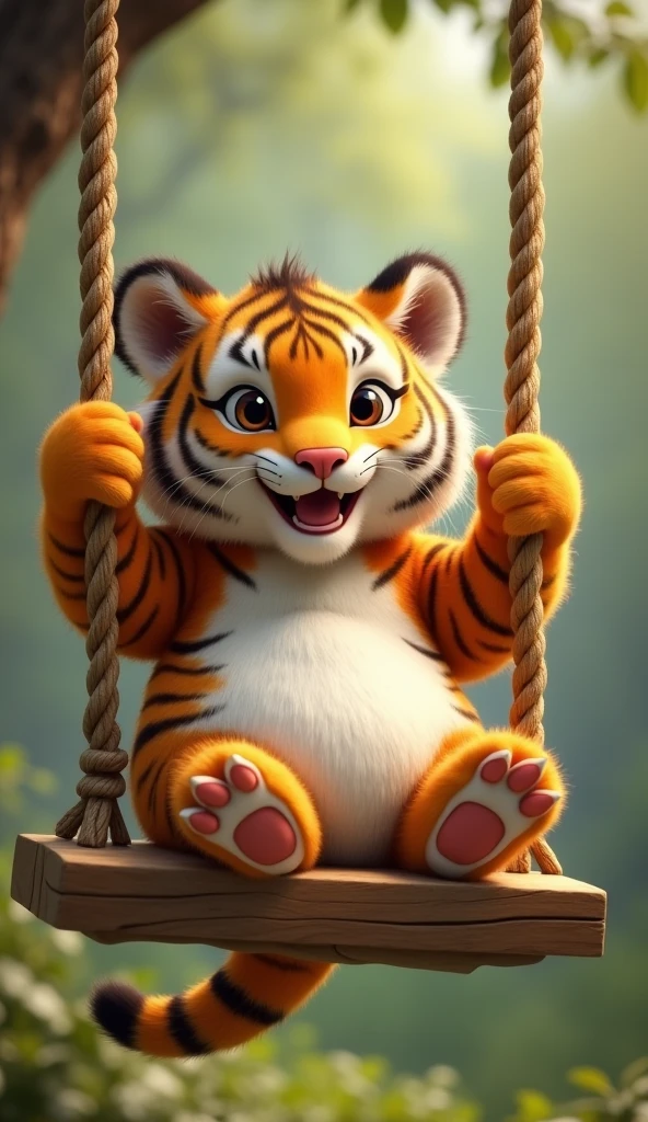 A cute little tiger sitting upright on a swing，Two claws grab the rope of the swing，Furry and cute big belly，